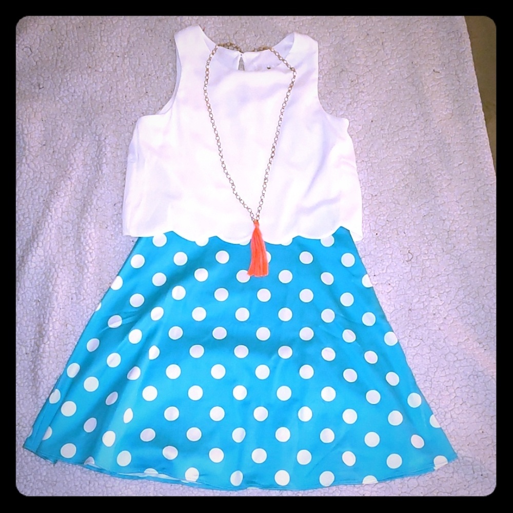 White and blue with white polkadot dress